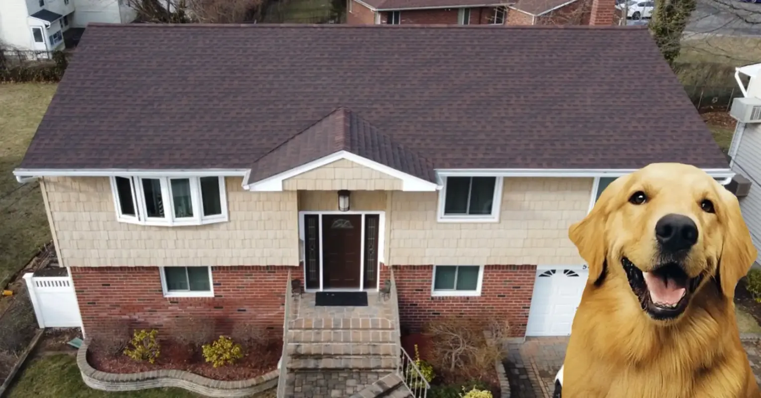 Aerial view of a split-level home with a new brown shingle roof